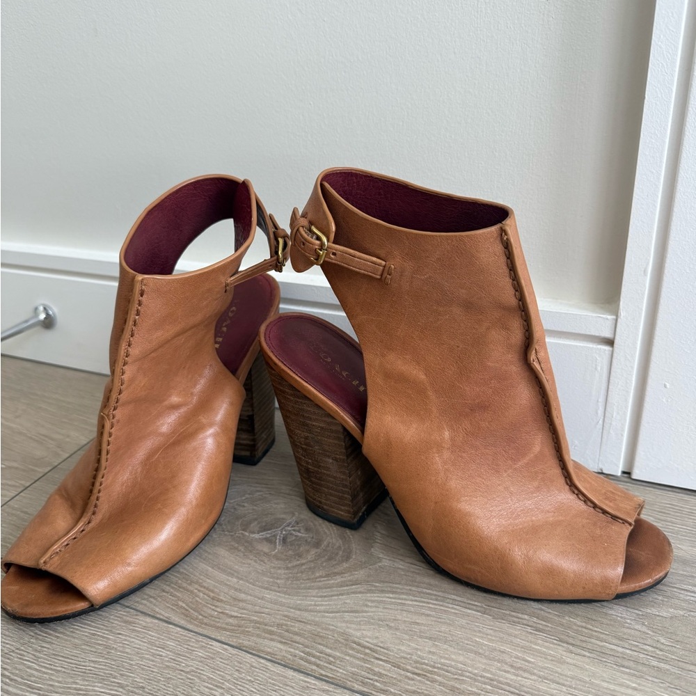 Coach Tan Peep-Toe Heeled Boots with Modern Silhouette